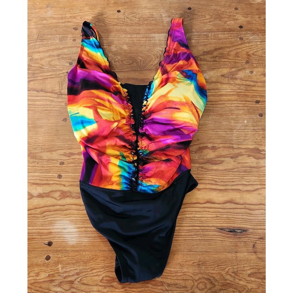 Vtg Y2K Bathing Suit Swim Wear One Piece Rainbow Tye Dye Ruffle Beachy Mom 14